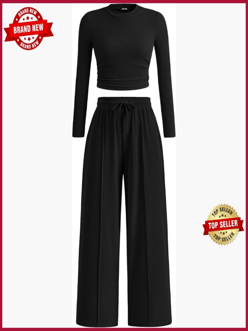 Ribbed Lounge Set - Crop Top & Wide Leg Pants - Picture 1 of 7